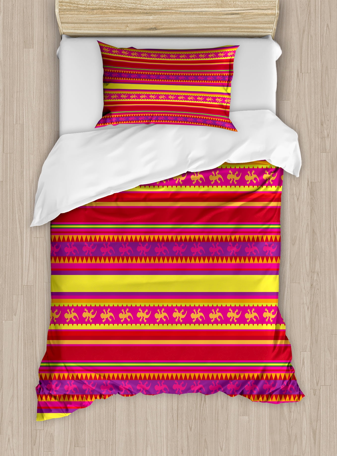 Mexican Duvet Cover Set Vibrant Colored Striped Pattern With Mexican Duvet Cover Set Vibrant Colored Striped Pattern With Abstract Lizard Animal Figures Folk Borders Decorative Bedding Pillow Shams