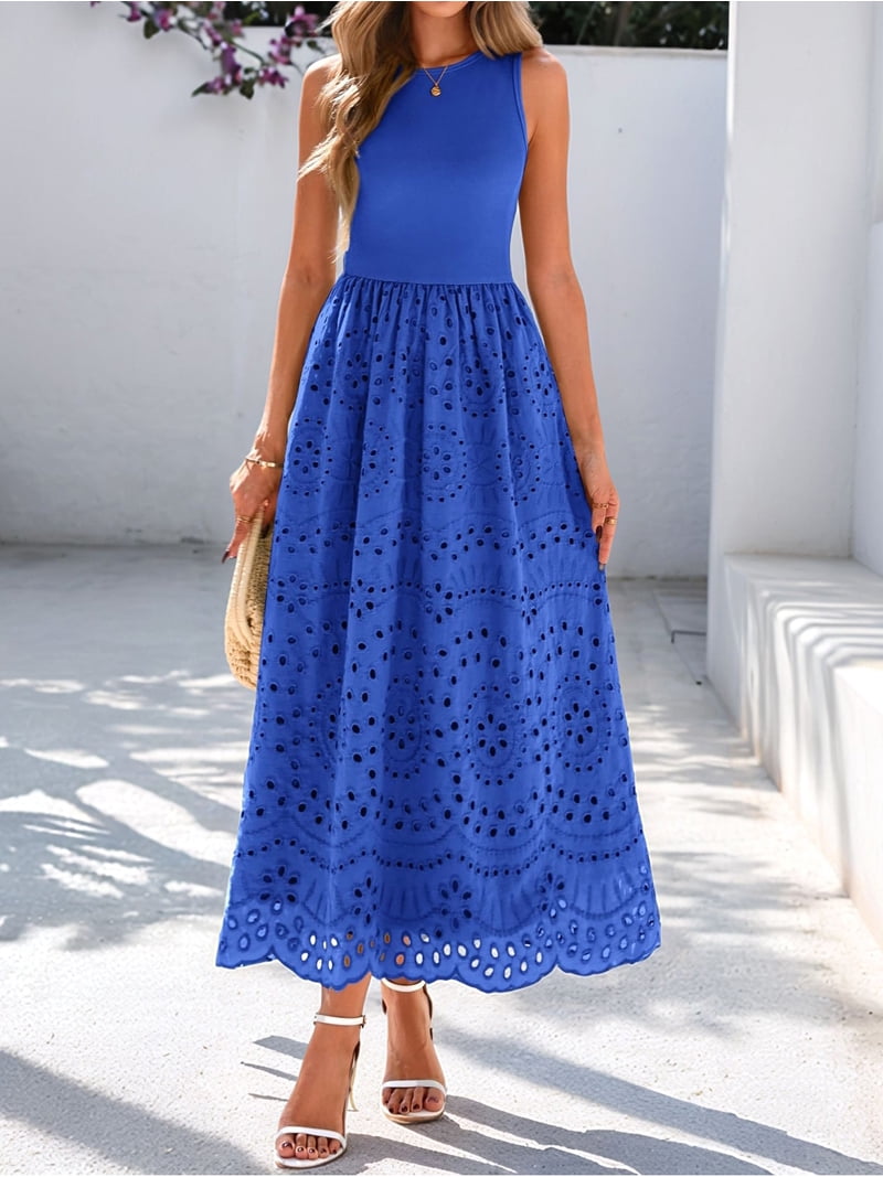 blue tank maxi dress Women'S Summer Dresses Sleeveless Crewneck A-Line Boho Lace Eyelet with Pockets Black XXL Color:Burgundy Wine