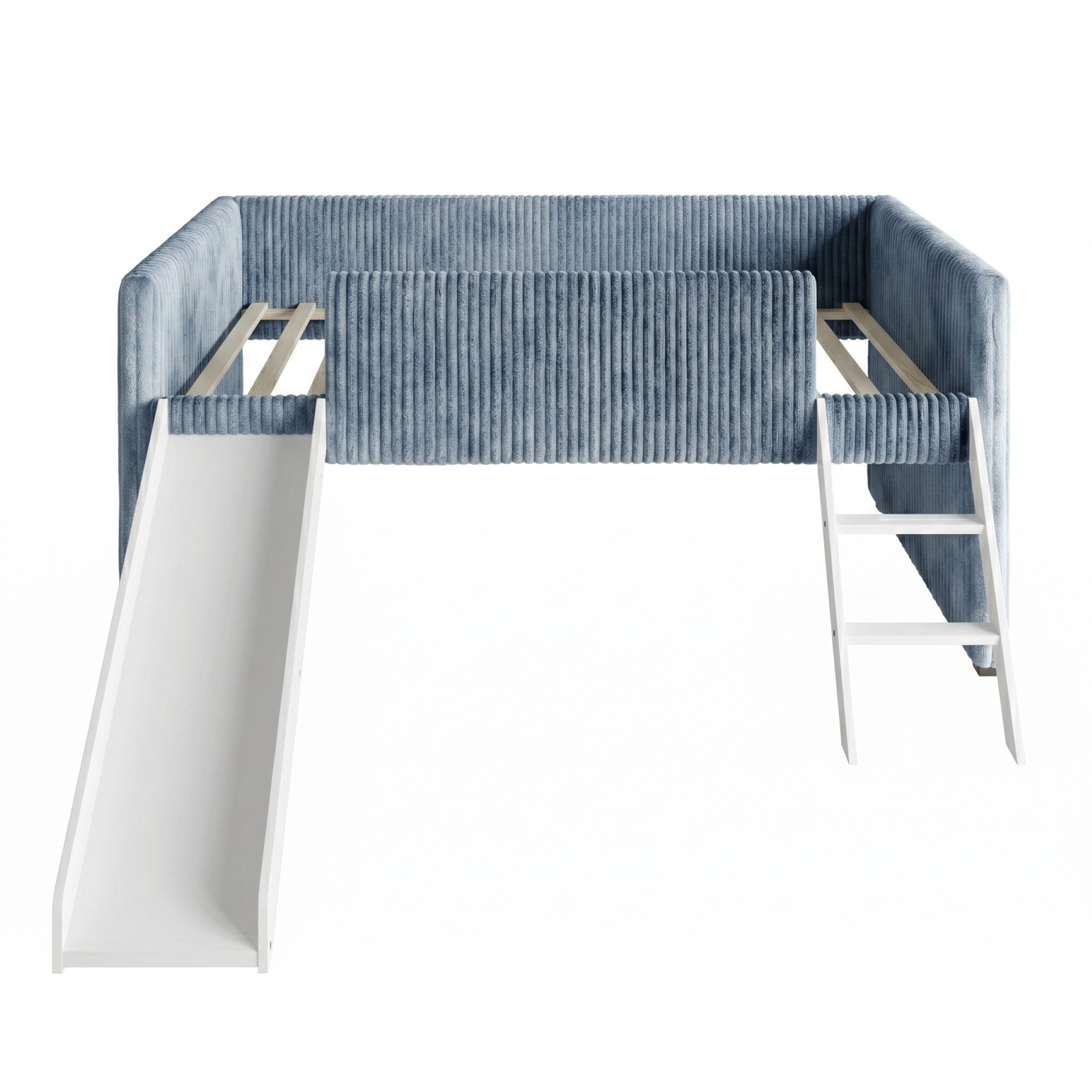 Home Design Totowa Kids Upholstered Low Loft Bed with Slide & Ladder, Soft Corduroy Fabric Twin Loft Bed for Boys & Girls, Light Blue