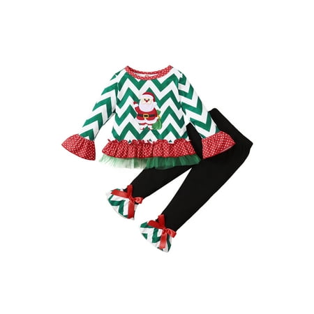 

Canrulo Christmas Children Baby Girl Clothes Plaids Santa Print Long Sleeve Tops Bow Flared Pants Outfits Green 4-5 Years