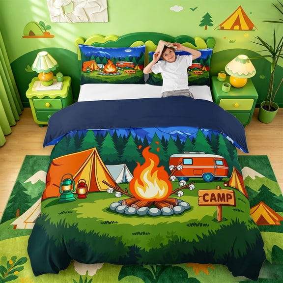 Catabedysis Night Camping Bedding,Campfire Camper Print Duvet Cover Full For Boys,Multicolor,Navy Blue Reversible,3pcs,1 Duvet Cover and 2 Pillowcases
