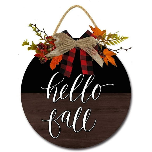Eveokoki 12" Hello Fall Sign,Hello Door Sign,Hello Fall Decor Sign Front Door,Round Wood Hanging Sign with Ribbon Bow Farmhouse Porch Decorations for Thanksgiving