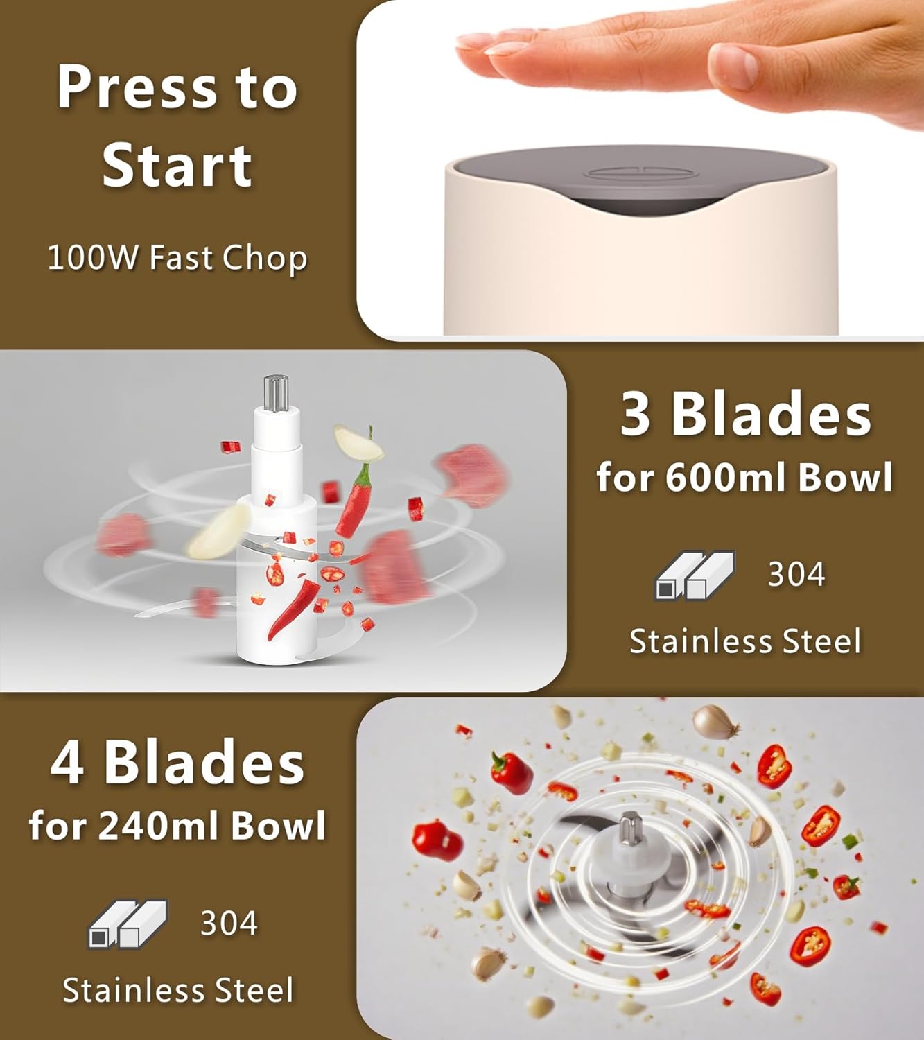 4-in-1 Cordless Food Processor with Glass Bowl and Stainless Steel Containers, USB-C Rechargeable Mini Meat Vegetable Chopper for Kitchen, RV, Camping