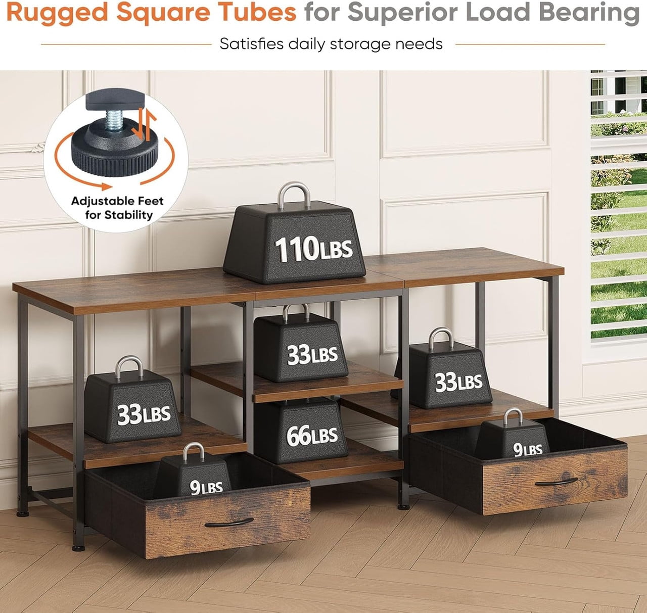 Bigleap 63-inch TV Stand with USB Charging Station, Rustic Brown Media Console for TVs up to 75 Inch, 2 Fabric Drawers & Open Shelves