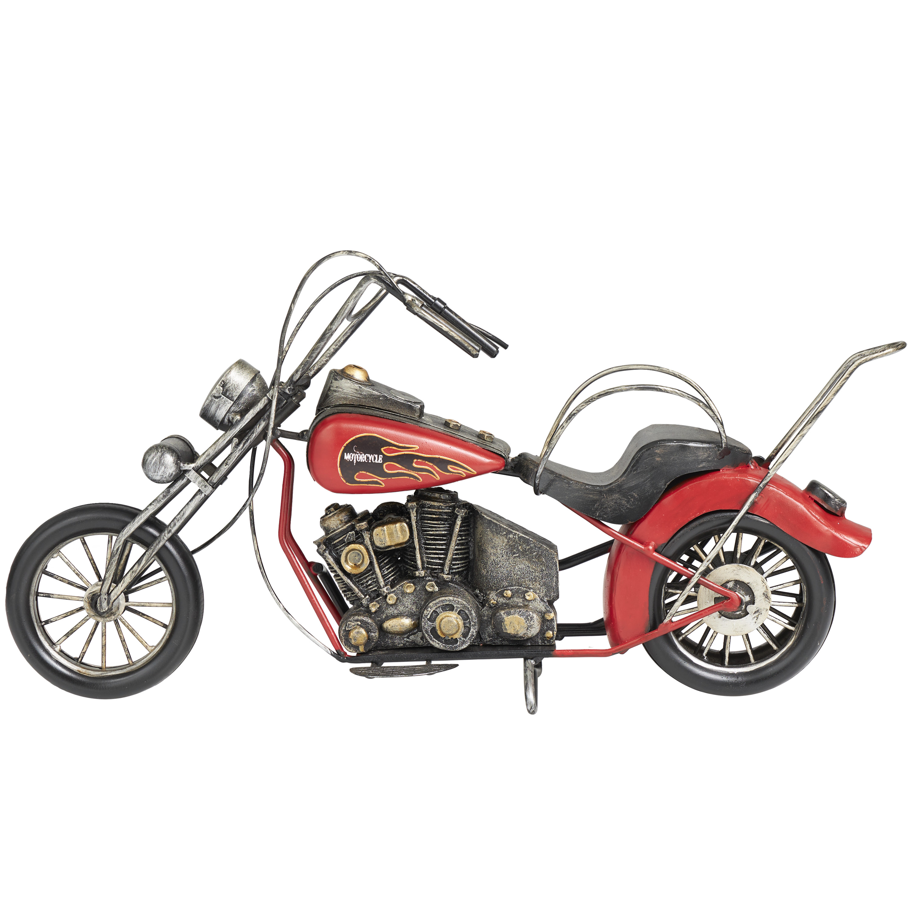 18" x 9" Red Metal Handmade Vintage Style Motorcycle Sculpture with Flames on the Gas Tank, by DecMode