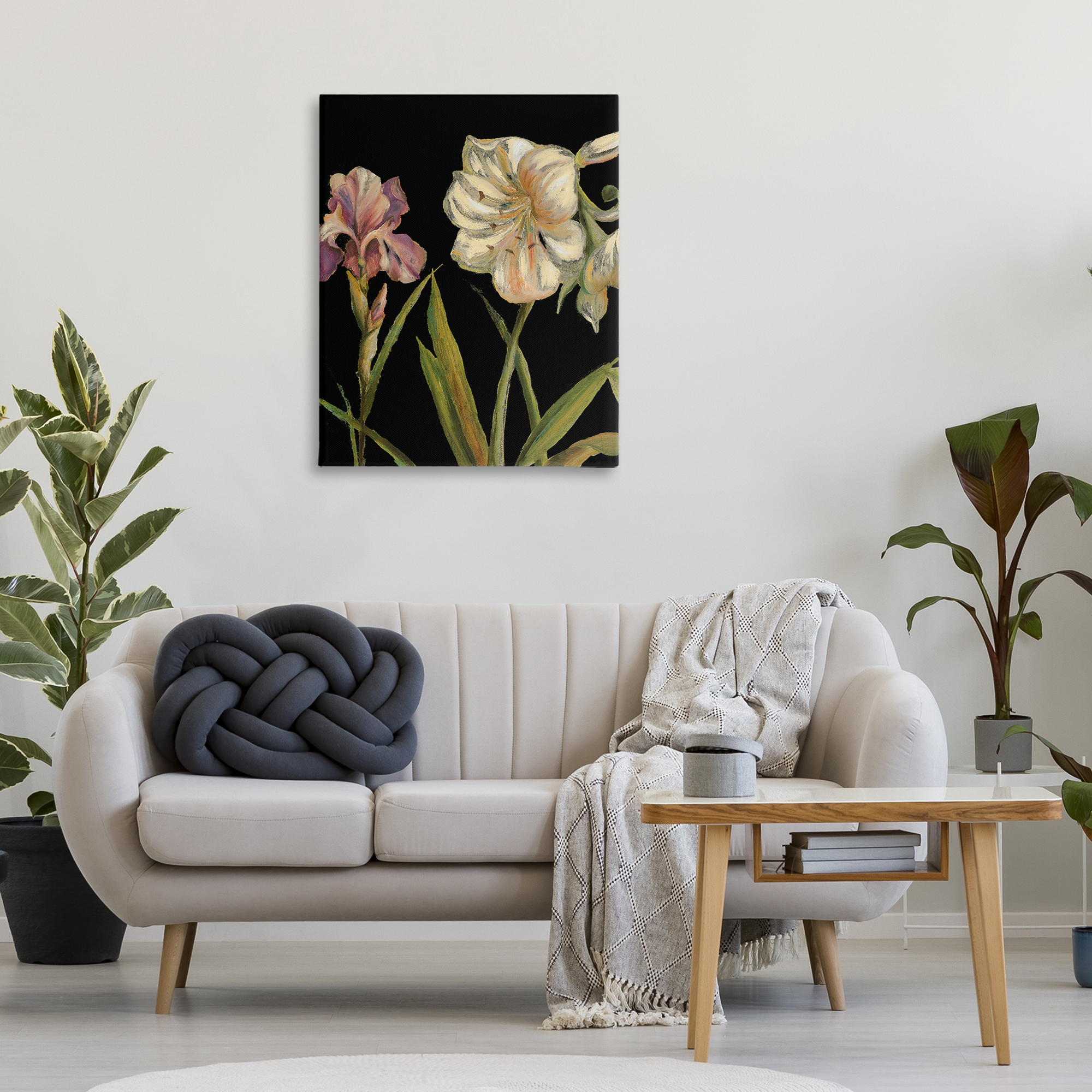 Stupell Industries Iris Flowers on Black Botanical & Floral Painting Gallery Wrapped Canvas Art Print Wall Art, 30 x 40