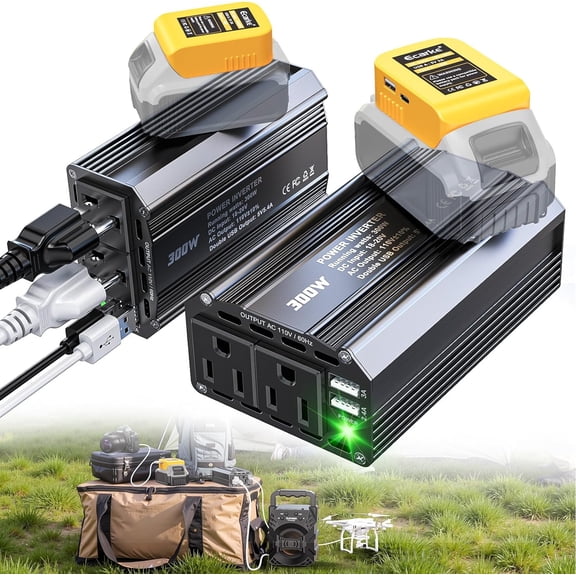 Power Inverter Compatible with De*walt 20V Battery,300W Portable Outdoor Battery Converter with 3USB 1Type C&2AC Outlets, for Camping, RV, and Emergency Power