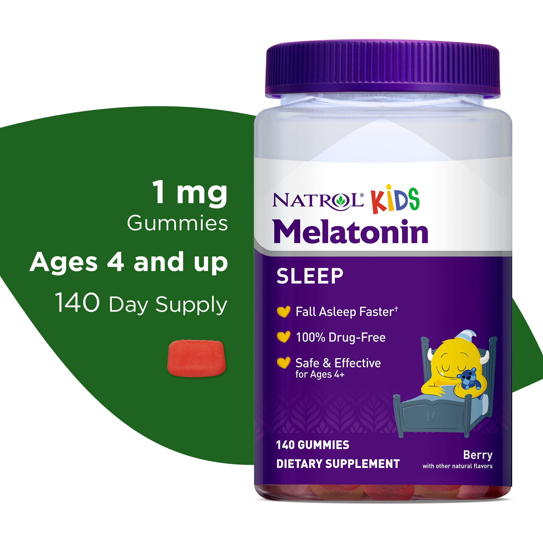 Natrol Kids Melatonin Sleep Aid Gummies, Ages 4 and Up, Drug-Free, Berry, 1mg, 140 Count
