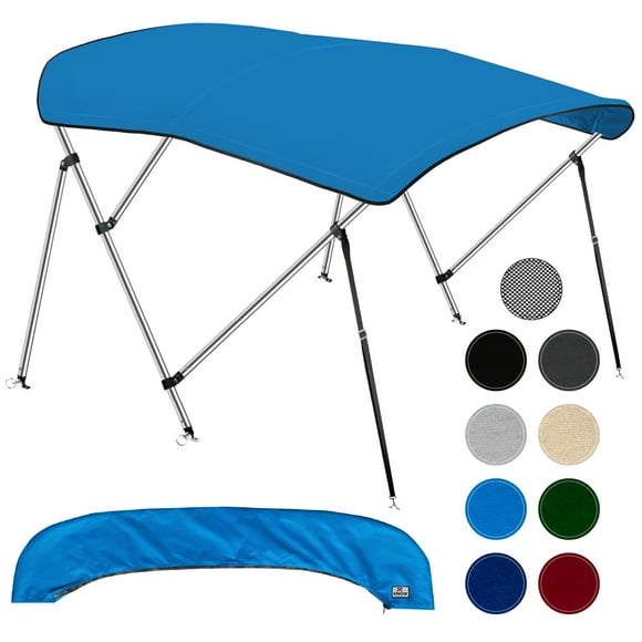 KNOX 3 Bow Bimini Tops for Boats, Fadeproof, Support Poles, Storage Boot, 900D Marine Canvas, Sun Shade Boat Canopy, Universal Boat Cover For Pontoon, V-Hull, Fishing, Bass Boat 54-60", Pacific Blue
