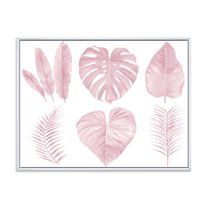 Designart 'Tropical Pink Watercolour Leaves On White I' Shabby Chic Framed Canvas Wall Art Print