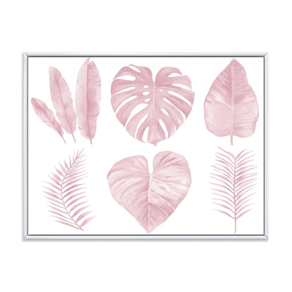 Designart 'Tropical Pink Watercolour Leaves On White I' Shabby Chic Framed Canvas Wall Art Print