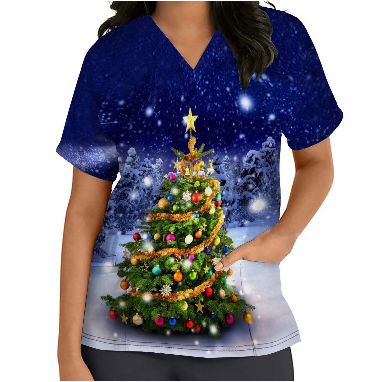 Ozmmyan Womens Scrub Tops Short Sleeve V-neck Tops Uniform Christmas Tree Printed Pockets Blouse Nursing Clearance