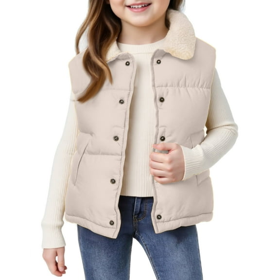 Kids Padded Vest with Button Front Sherpa Collar Lightweight Sleeveless Outerwear for Girls Boys Casual Everyday Wear