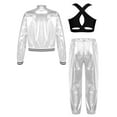 thumbnail image 2 of Miutii Kids Girls Street Hip Hop Dance Outfits Long Sleeve Shiny Metallic Bomber Jacket Vest and Harem Trousers Set Silver 8, 2 of 5