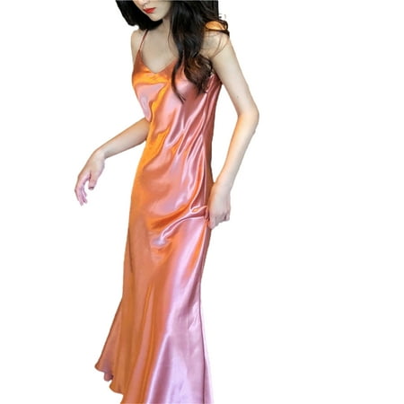 Womens Satin Nightgown Lingerie Long Slip Sleepwear Nightdress Spaghetti Strap V Neck Long Chemise