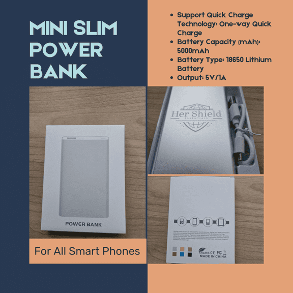 Silver, Slim Power Bank, 5000mAh Fast Charger 5V/1A New