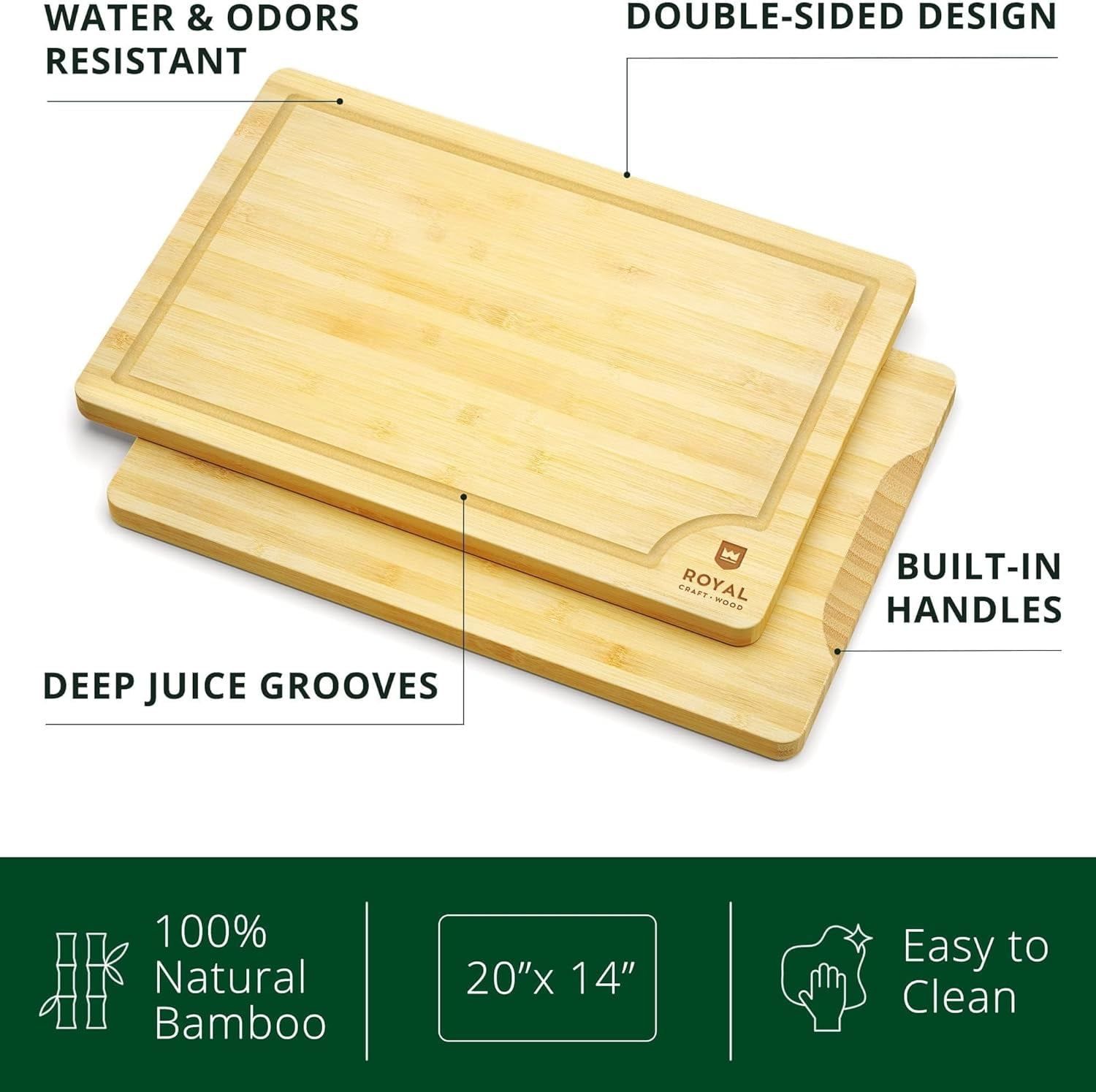 Royal Craft Wood Bamboo Cutting Boards for Kitchen - Kitchen Chopping Board for Meat, Cheese and Vegetables Wooden Heavy Duty Cutting Board Serving Tray with Handles (XXL, 20 x 14")