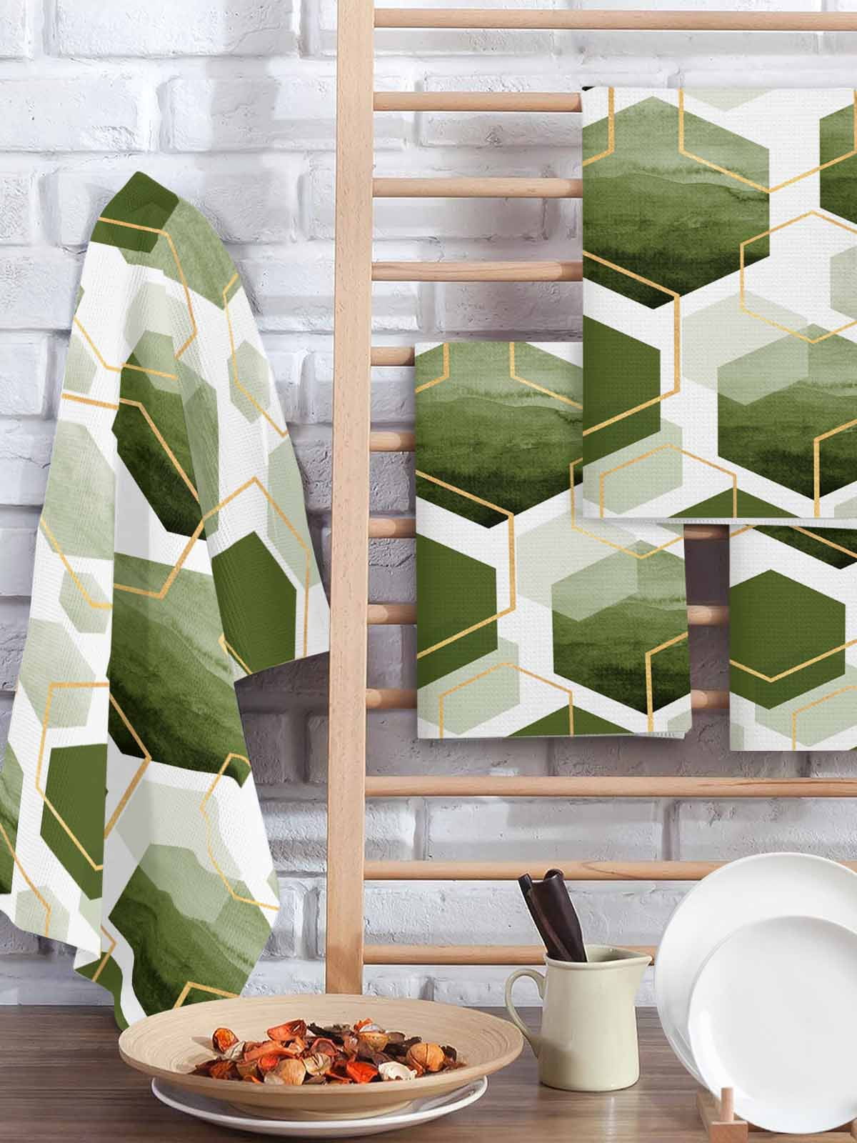 Sage Green Marble Hand Towels Set,Waffle Weave Kitchen Towels 4 Pieces,Microfiber Hair Face Bath Tea Towel Absorbent Quick Drying Cleaning Dish Cloths,Gold White Geometric Hexagon Modern 15.7"x23.6"