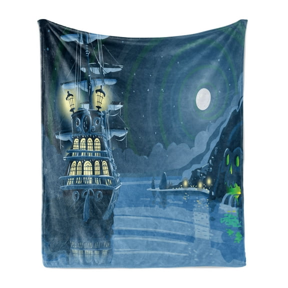 Nautical Soft Flannel Fleece Blanket, Detailed Illustration of Nocturnal Adventure Island with Anchored Pirate Ship and Moon, Cozy Plush for Indoor and Outdoor Use, 70" x 90", Blue, by Ambesonne