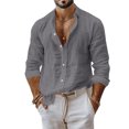 thumbnail image 3 of Mfakffe Men Linen Shirt Button Down Long Sleeve Beach Band Collar Casual Summer Shirts, 3 of 5