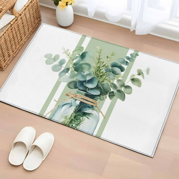 Sage Green Eucalyptus Leaves Bathroom Rug Washable 2x3 Entryway Rug Non Slip Farmhouse Stripe Botanical Front Door Mat Low Pile Indoor Doormat Throw Floor Carpet for Kitchen Bedroom Entrance