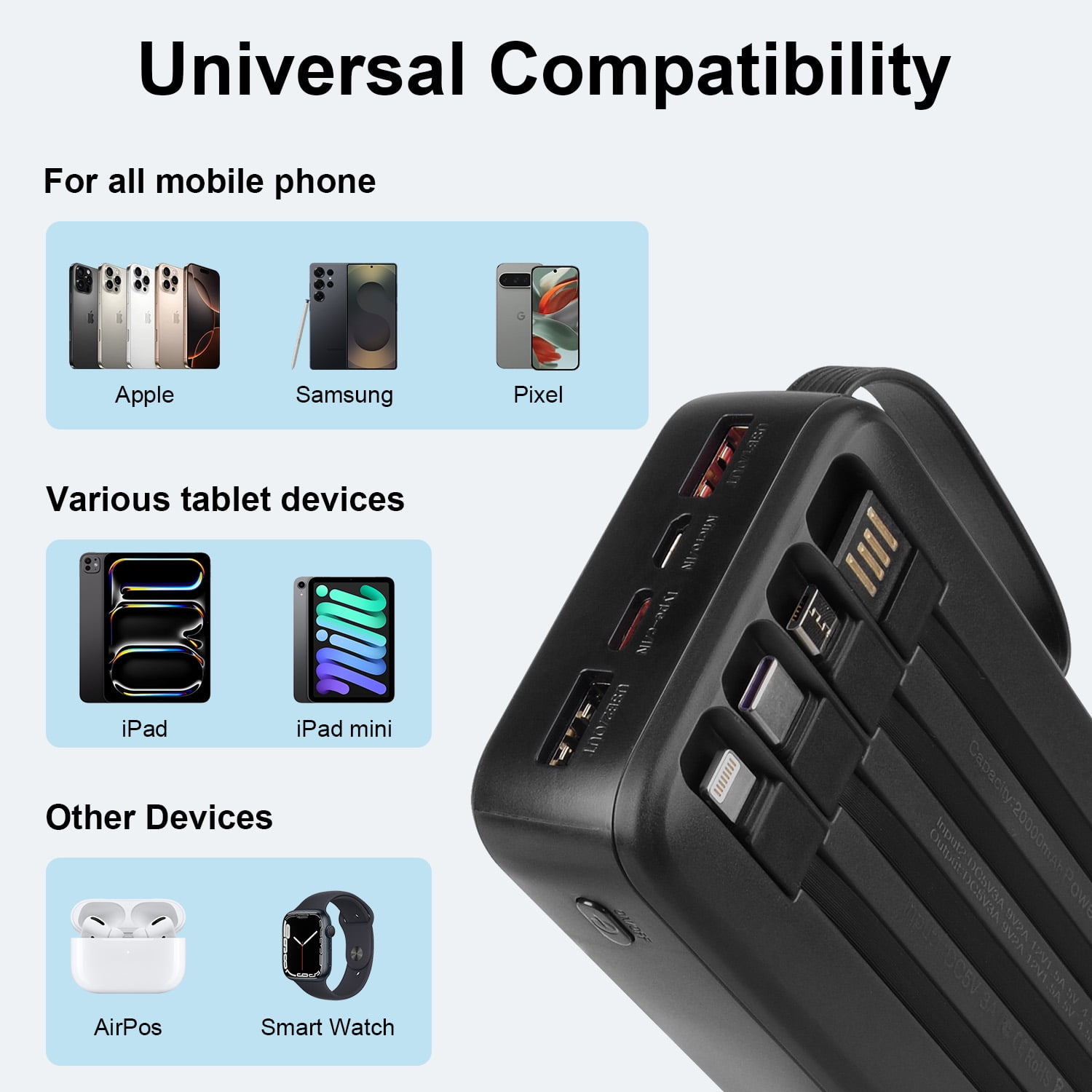 20000mAh Portable Charger Power Banks for iPhone Cell Phones with Built in Cables,HopePow LED Power Display Charging Banks Compatible with iPhone 16 Plus/Pro Max/15//14 Series,Samsung,Android(Black)