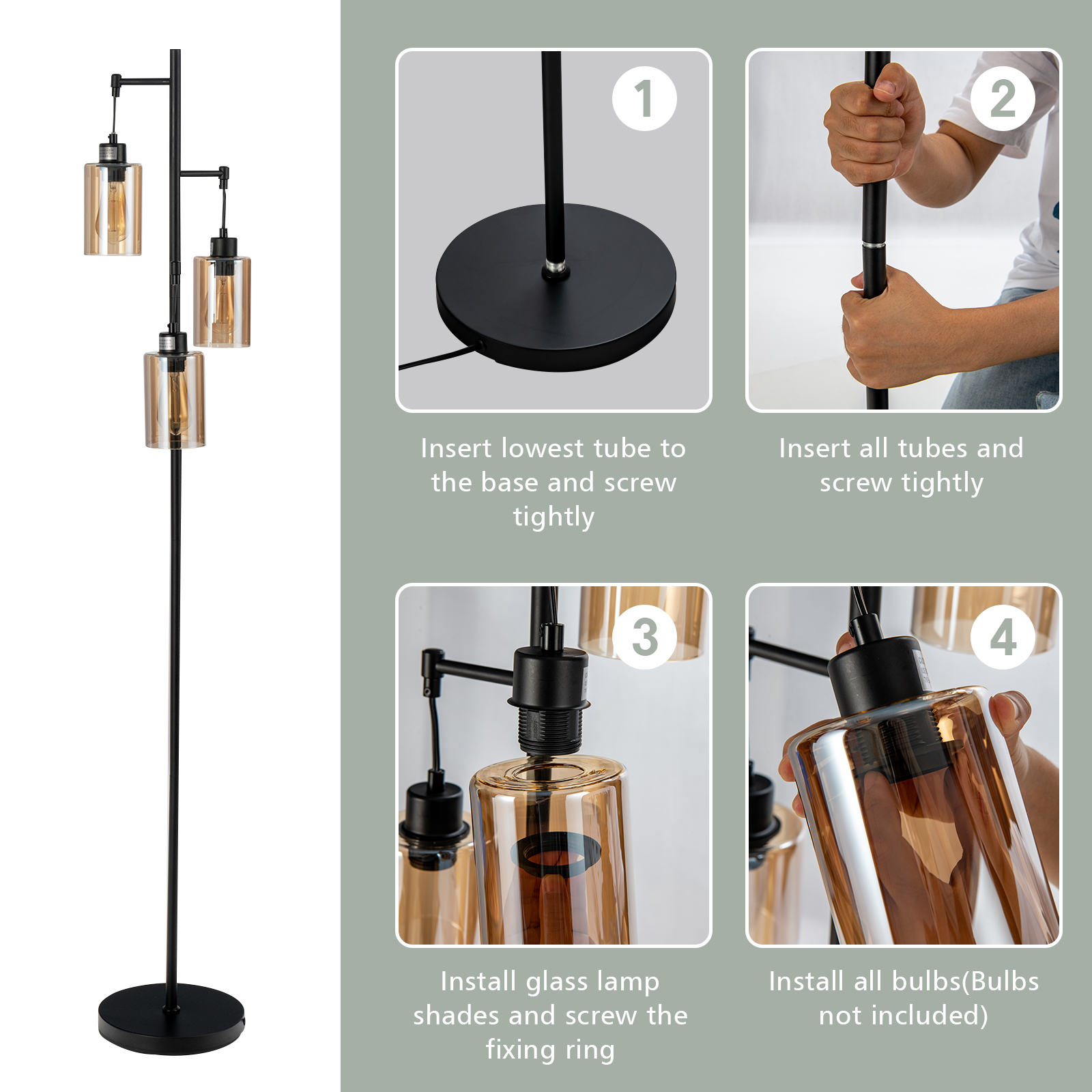 Giantex 3-Light Floor Lamp, Tall Floor Lamp w/Round Base, Rustic Standing Lamp