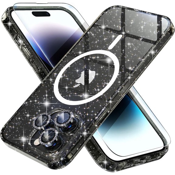 Magnetic Case for iPhone 14 Pro Case, Women Clear Glitter Bling Sparkly Case, [Compatible MagSafe] (Glitter Black)