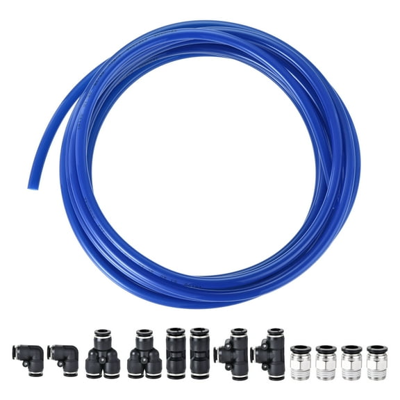 Uxcell 8mm OD PU Air Hose Tubing Kit 5 Meters Blue with 12 Pcs Push to Connect Fittings