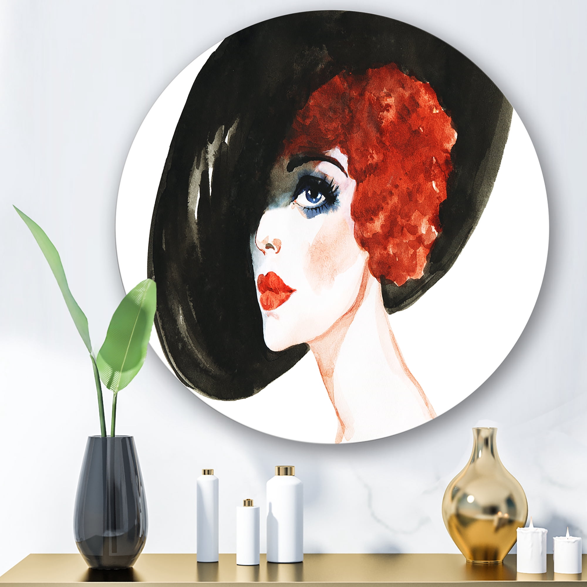 Designart 'Portrait of Woman Red Head Lady In Hat' Modern Circle Metal Wall Art 11x11 - Disc of 11