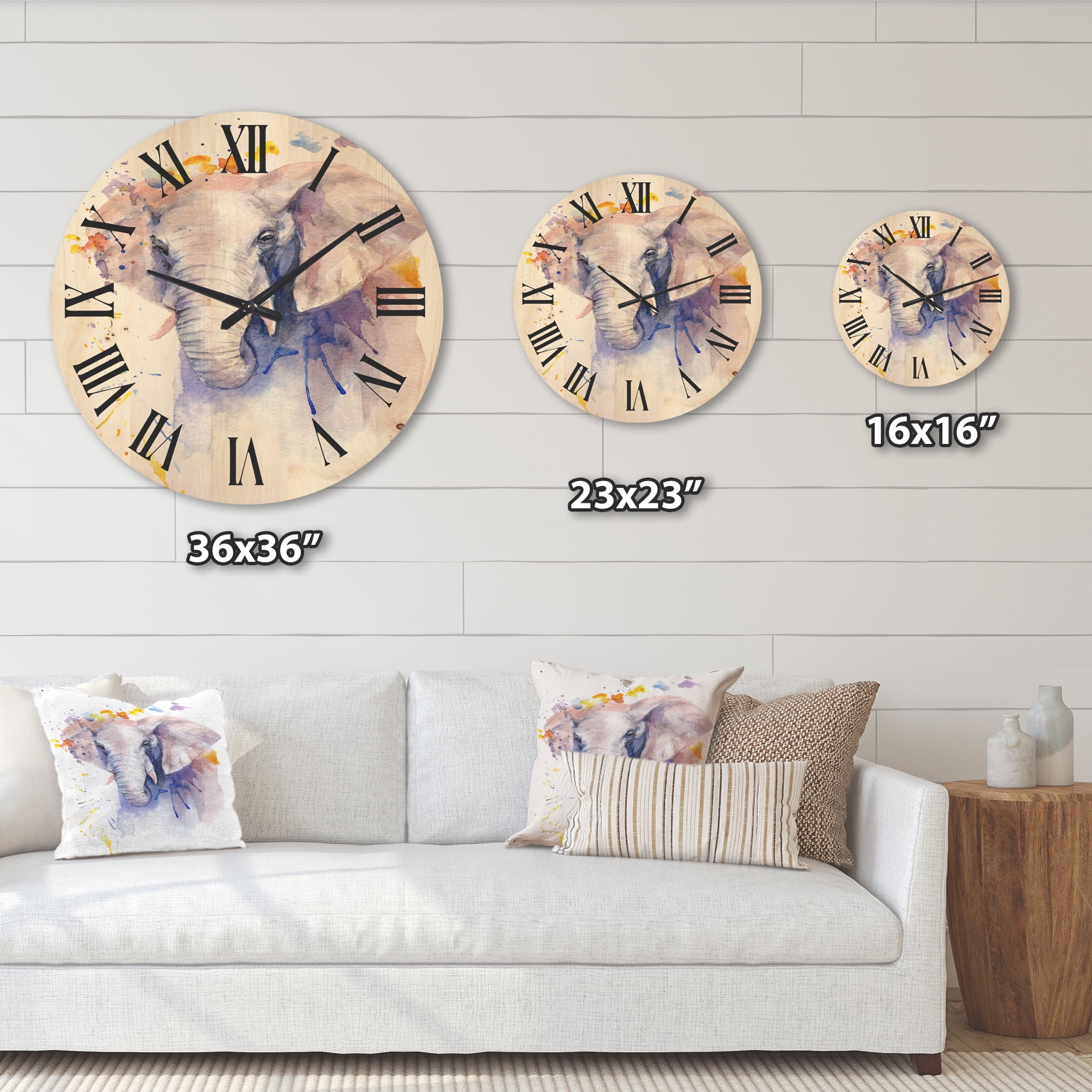 Designart 'Portrait of An Elephant Yellow and Blue Strokes' Farmhouse Wood Wall Clock