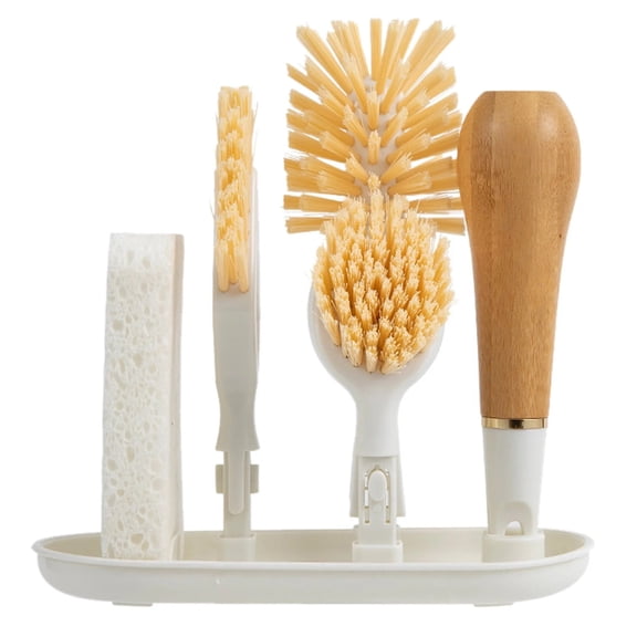 Bamboo Multi-Head Cleaning Brush Set With Replaceable Heads For Kitchen Tasks