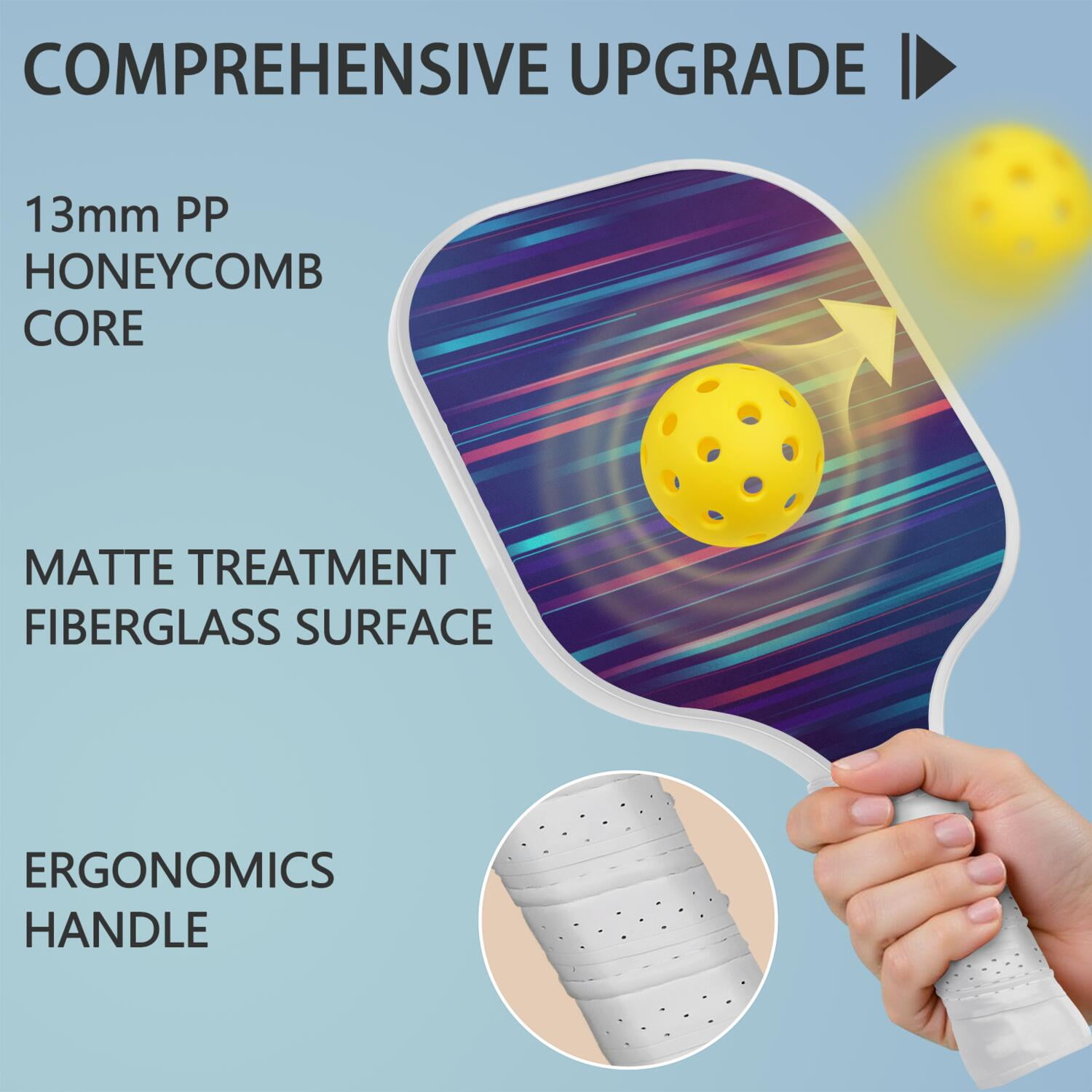 Pickleball Paddles Set Of 1, Fiberglass Surface, Speed, Lightning, Thunder Print, 1 Paddle, 2 Balls & Bag