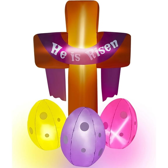 7FT Christmas Inflatable Cross Outdoor Decorations He is Risen Inflatables Blow Up Yard Decoration Xmas Decor Built-in Lights for Outside Holiday Garden Grave Decor
