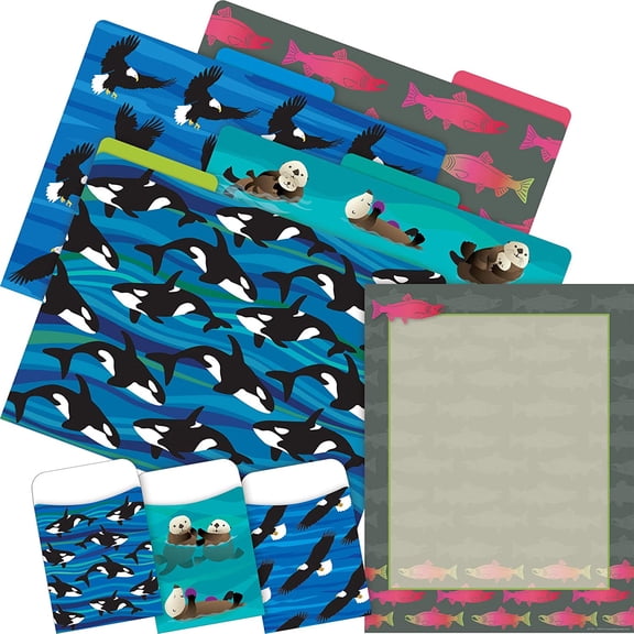 Barker Creek On-Trend Organizer Set, Sea & Sky Salmon, Coordinated Set includes 12 Designer File Folders, 50 Sheets of Decorative Computer Paper, and 30 Peel & Stick Library Pockets (4100)