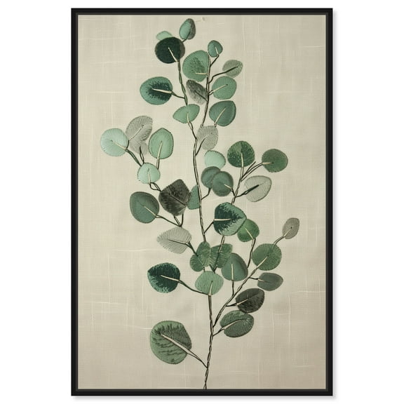 Eucalyptus Embroidery Minimalistic Botanical Art Prints Canvas Wall Art by Art Remedy, Black Floater Frame, 10"x15"