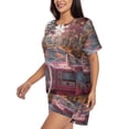 thumbnail image 2 of Rateoe Vintage Pink Drive View Pattern Women's Short-Sleeved Pajama Set - 2 Piece Soft and Lightweight Sleepwear Set-Large, 2 of 7