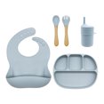 thumbnail image 1 of Set con vaso entrenador bebe + platos de bebe + baberos para bebe + cubiertos I BPA FREE I 5 piezas I Silicona grado alimenticio Happy Life  Kit comida bebe silicona 5 pcs, 1 of 9