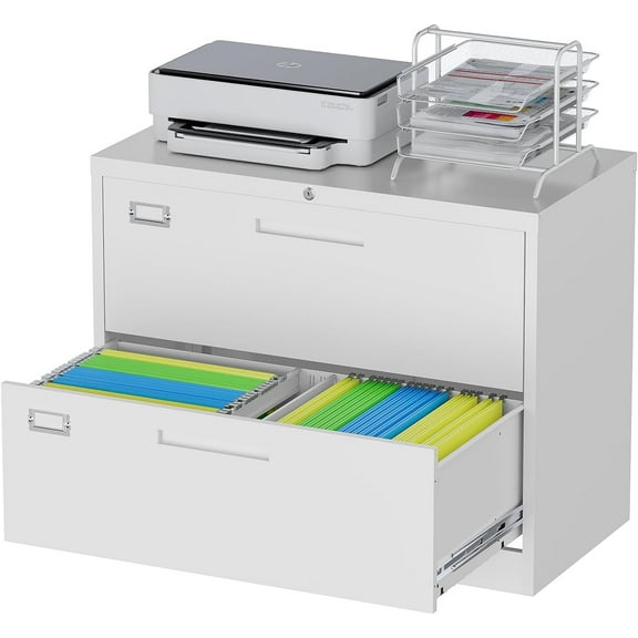 Lateral Filing Cabinet,2 Drawer File Cabinet with Lock,Office Lateral File Cabinets for Legal/Letter A4 Size,Require Assembly, White