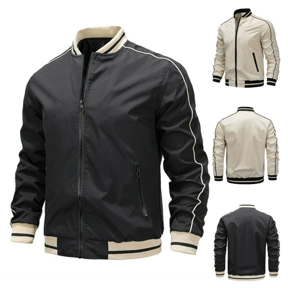Lovskoo 2024 Men's Bomber Jacket Casual Patchwork Long Sleeve Zipper Outerwear Jacket Flight Jacket Black
