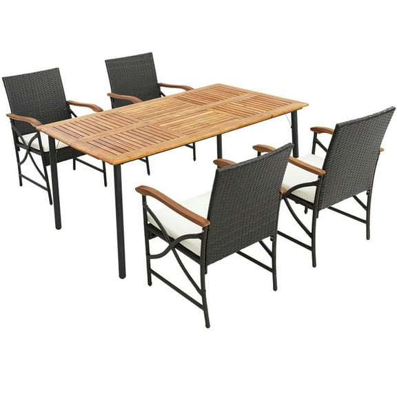 Spaco 5-Piece Outdoor Dining Set with Thickened Metal Aupporting Legs, Dining Set with Acacia Wood Table and 4 Wicker Rattan Armrest Chairs, Dining Set for Outdoor, Natural
