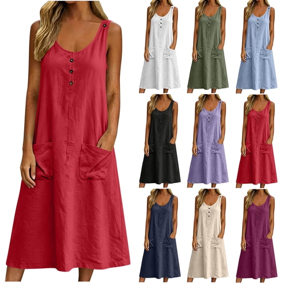 Zpzdpjkx Womens Cotton Linen Sleeveless Midi Dress, Crew Neck Button Front Cami Dress with Pockets