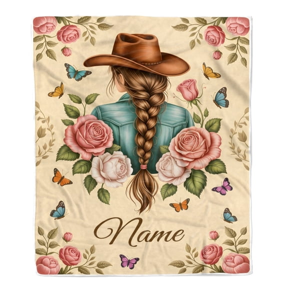 Cowgirl Name Blanket Vintage Western Floral Butterfly Women Girls Daughter Birthday Country Style Fleece Blanket, 30x40in Fleece Blanket