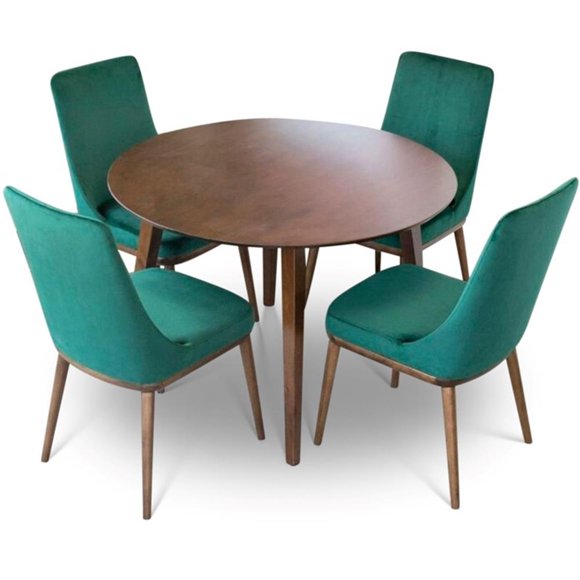 Allora Ensemble de Salle à Manger Mi-Siècle 5 Pcs avec 4 Chaises de Salle à Manger en Velours Vert