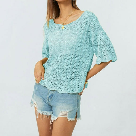 Off The Shoulder Loose Knit Summer Sweater for Women Beach Vacation Clothes for Women Trendy 2026 Light Blue S
