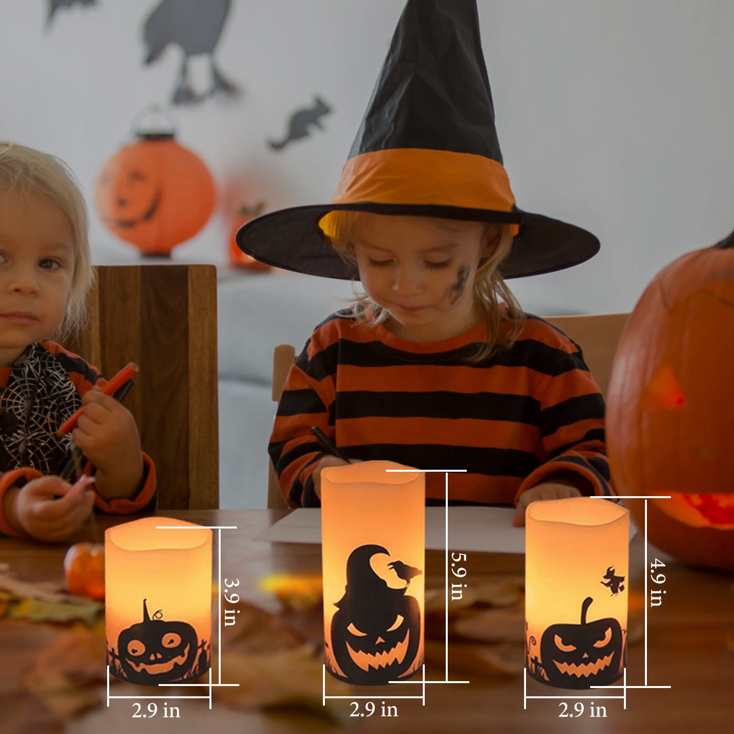 3Pcs Halloween Flameless Warm Orange Light Candle Lamp  Battery Operated Candles w/ Timer Setting