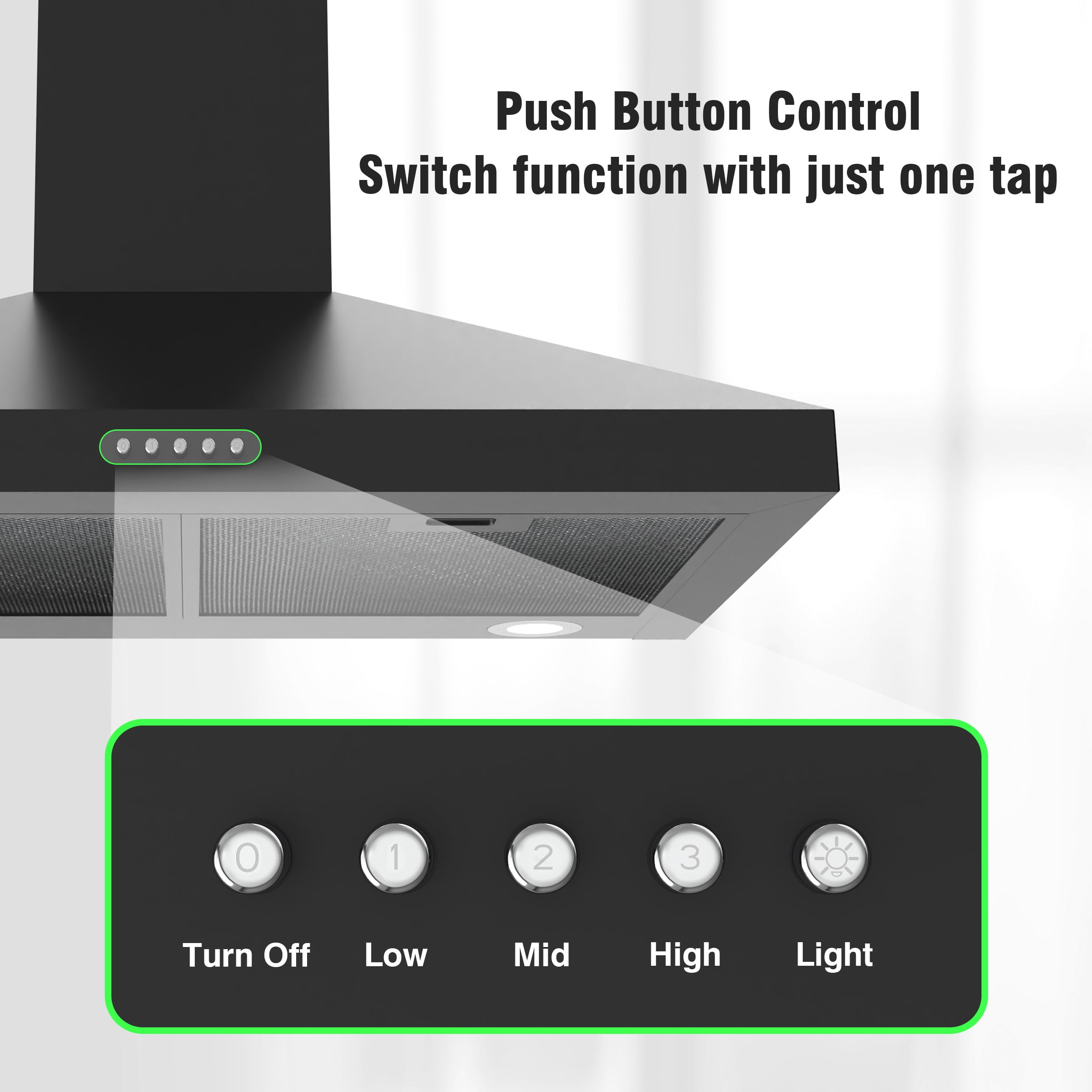 FIREGAS Wall Mount Range Hood 30 inch Black Vent Hood for Kitchen400 CFM with Ducted Convertible Ductless Kitchen Hood in Stainless Steel, 3-speed Whole-House Fan, LED Lights
