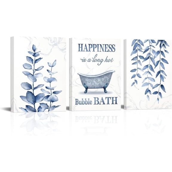Botanical Plant Canvas Wall Art Minimalist Boho Leaves Painting Pictures Decor Modern Blue Bathroom Decoration (Blue)