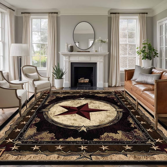 Western Stars Brown Large Area Rug 8x10 FT, Non Slip Living Room Throw Carpet, Farmhouse Country Vintage Wood Grain Washable Soft Indoor Outdoor Carpet Non-Shedding Rug for Bedroom Dining Room