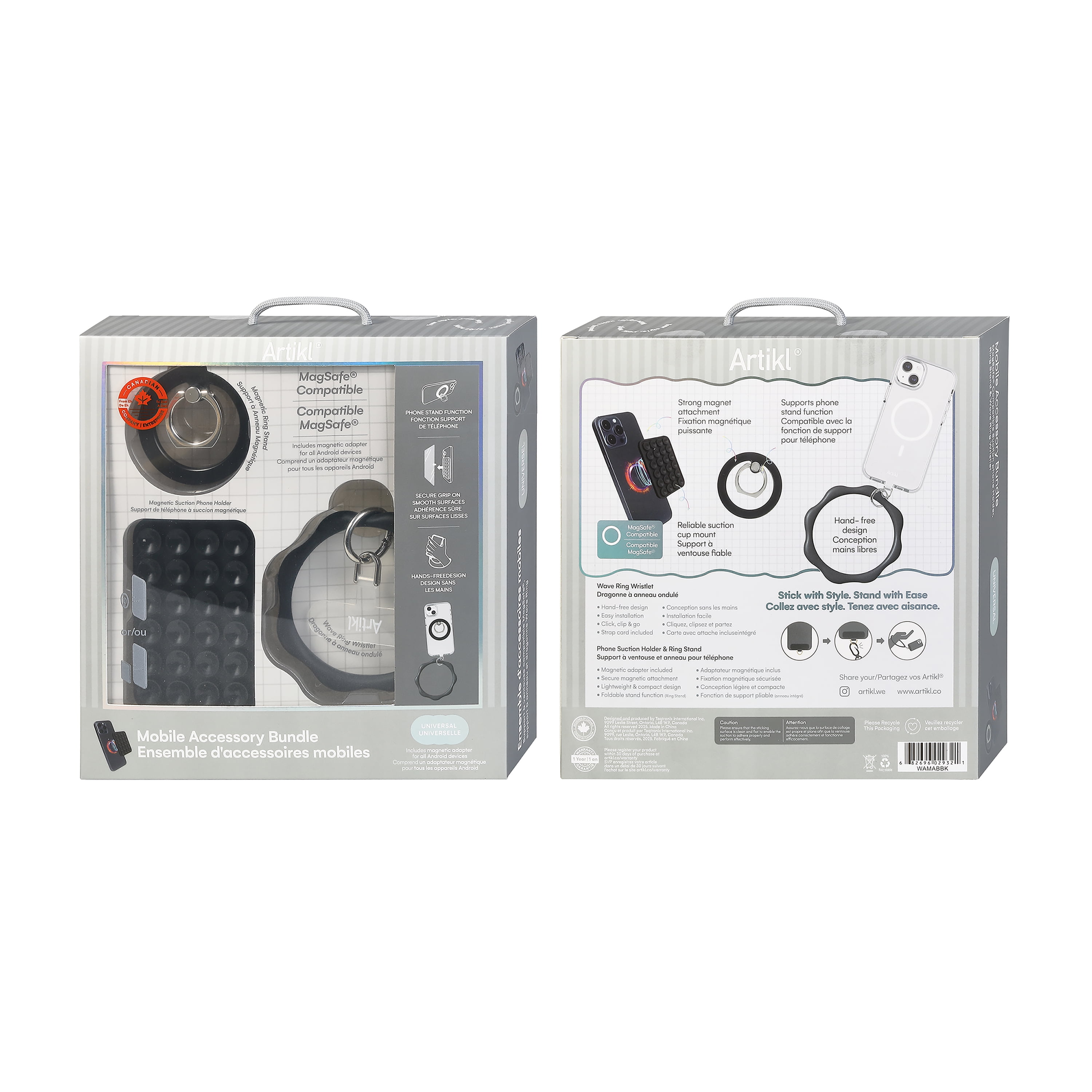 Artikl Universal MagSafe Compatible Accessory Bundle – OctoMag Suction Mount, Foldable Ring Stand & Silicone Loop Wristlet – Black